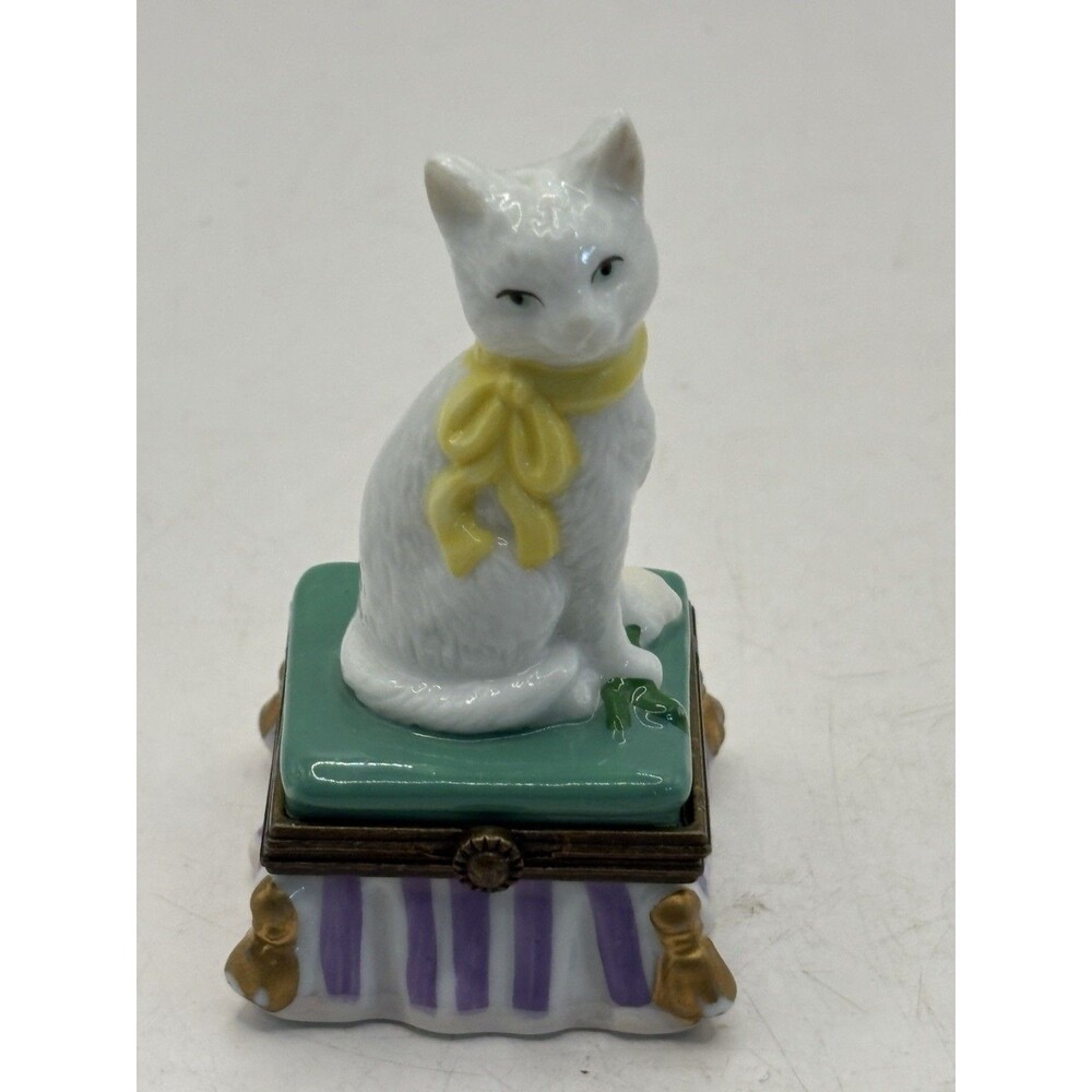Tiny Porcelain Trinket Box White Cat Yellow Bow Midwest Of Cannon Falls 2 1/2"